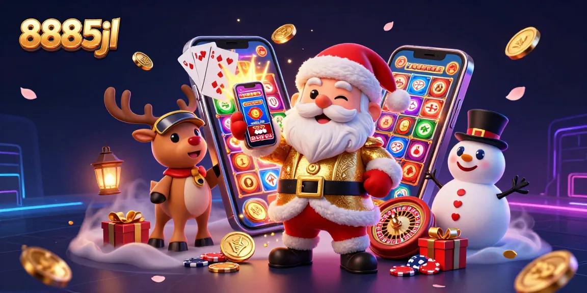 Experience 8885jl excitement as Santa spins slots with festive companions in a lively casino scene.