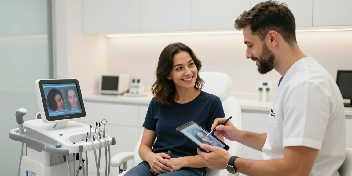 Patient discussing hair transplant turkey options with a doctor in a modern clinic setting.