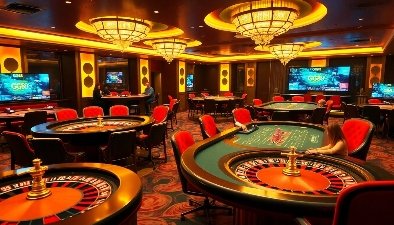 GG88 roulette table with excited players and colorful chips in a luxurious casino setting.