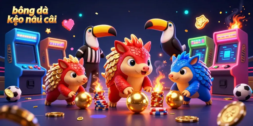 Engage with bóng đá kèo nhà cái in a vibrant 3D scene featuring rival pangolins and dynamic gaming elements.