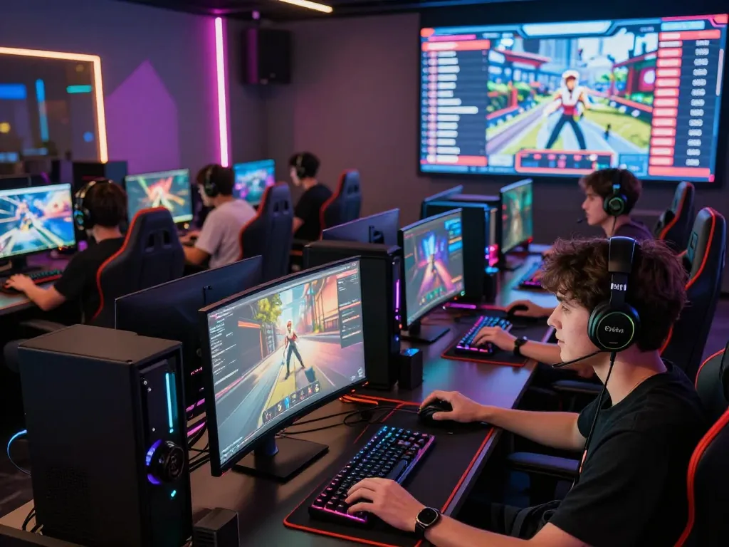 cổng game hitclub vibrant online gaming scene with players and colorful setups