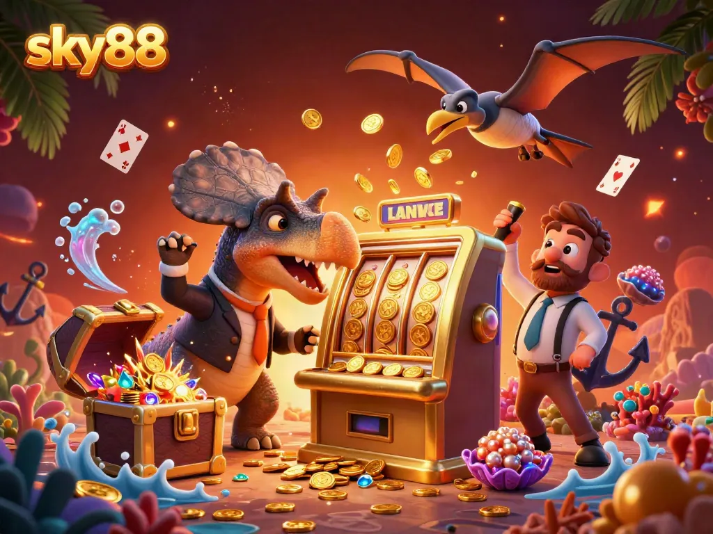 Experience the excitement of sky88 with vibrant characters and dynamic casino elements in this thrilling illustration.