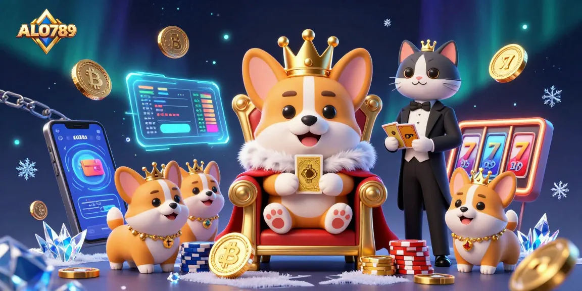 Join ALO789's vibrant casino world with a royal corgi on a throne of poker chips!