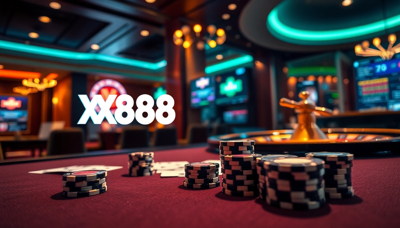 Engaging scene of a casino with poker chips and cards highlighting XX88's vibrant gaming atmosphere.