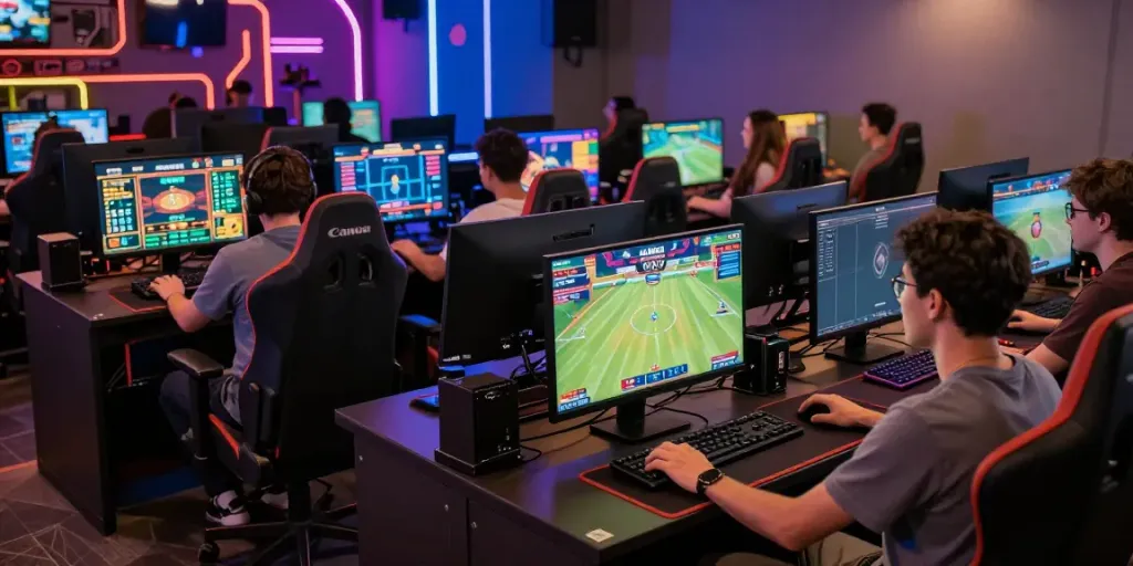 Players enjoying man88 games in a futuristic gaming lounge.