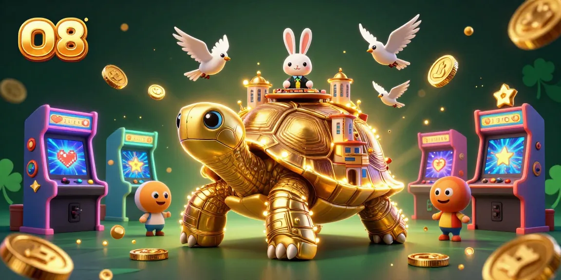 Spin to win with O8's vibrant illustration of a golden tortoise casino featuring a rabbit dealer and flying coins.