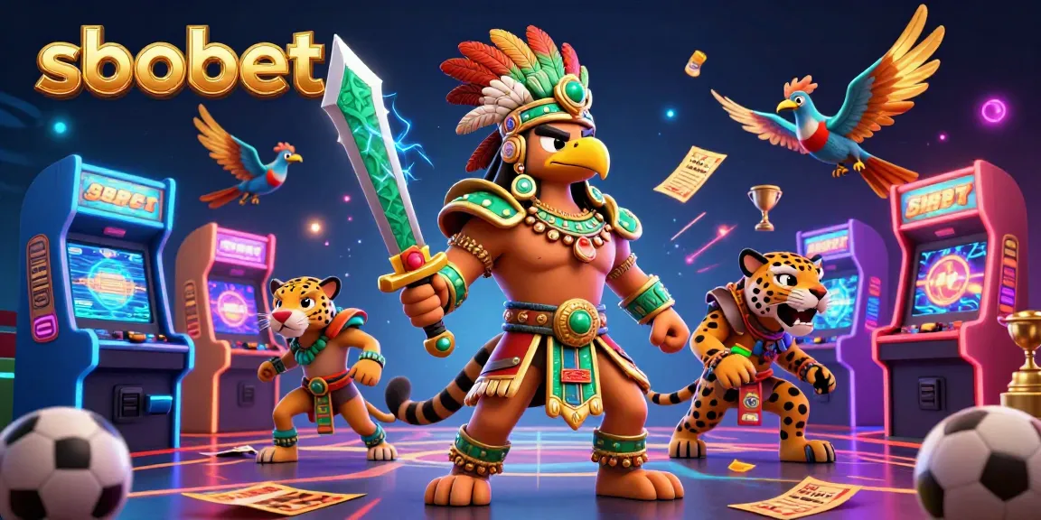 SBOBET sports betting action scene featuring dynamic Aztec warrior characters with unique gaming elements.