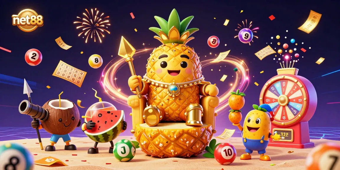 net88 brings excitement with colorful lottery balls and a golden pineapple king in a vibrant casino scene.
