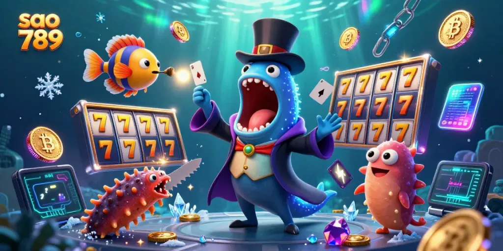 Sao 789 showcases thrilling slots magic with a vibrant underwater casino scene featuring animated sea creatures performing tricks.