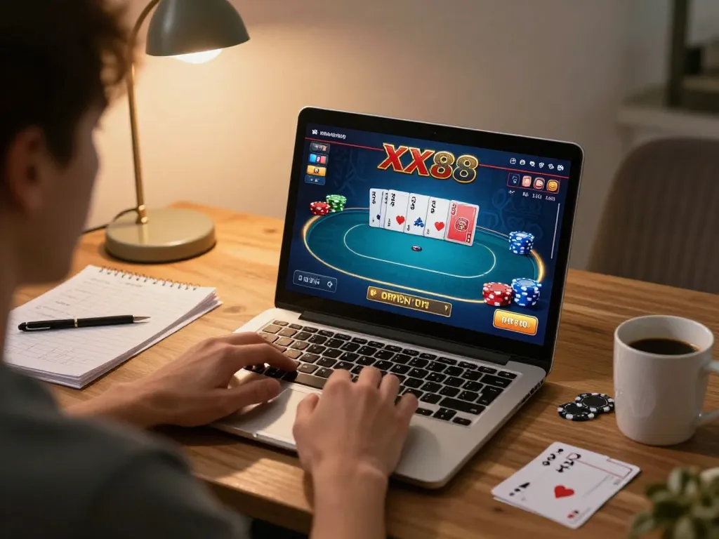 Engaging in online poker gameplay at XX88, showcasing cards and chips in a cozy home setup