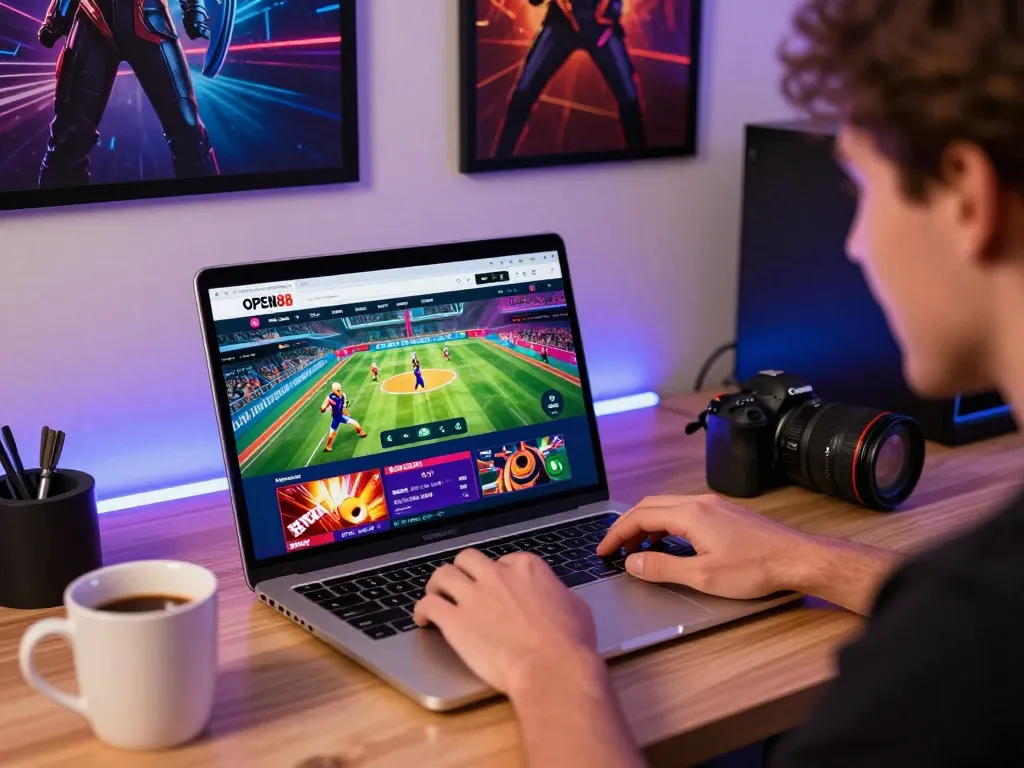Engaging OPEN88 online gaming scene with vibrant user interface on laptop, showcasing sports and casino excitement.