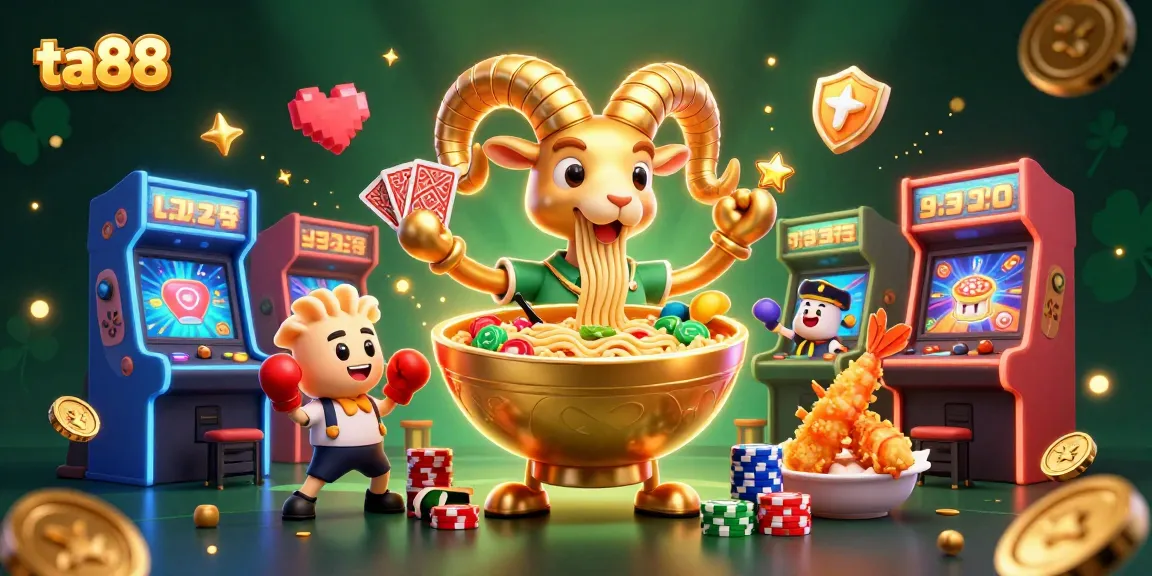 Engage with ta88 gaming adventure featuring a golden ramen bowl dealer and arcade elements.