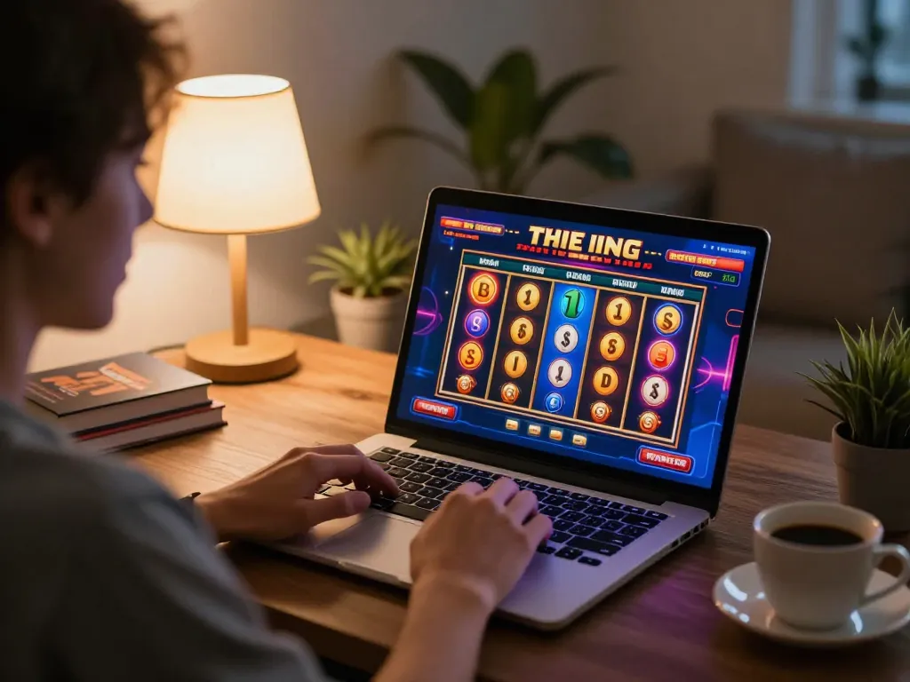 Engaged player enjoying online casino action with nhà cái Dabet on a laptop in a cozy home setting.