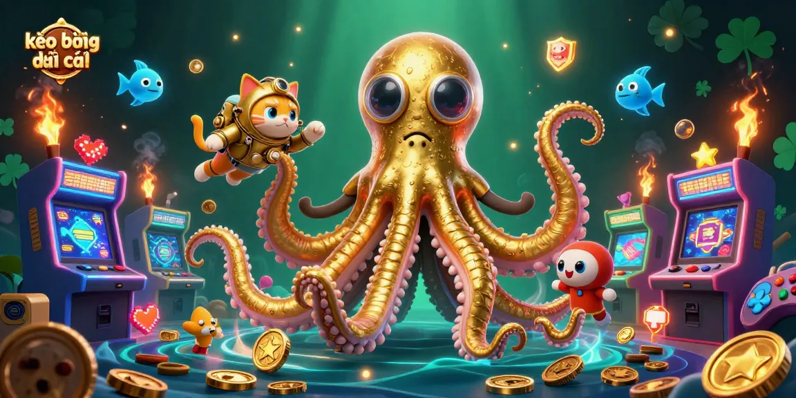 Engage in dynamic kèo bóng đá nhà cái action with a kraken, diving cat, and arcade elements.