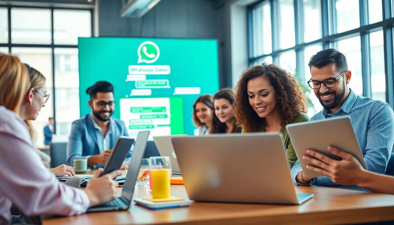 Engaged users enjoying WhatsApp网页版 on their devices in a vibrant office setup.