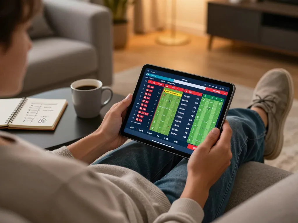 Engaging in live sports betting via tablet on https://sin88.chat/, enjoying a cozy home atmosphere.