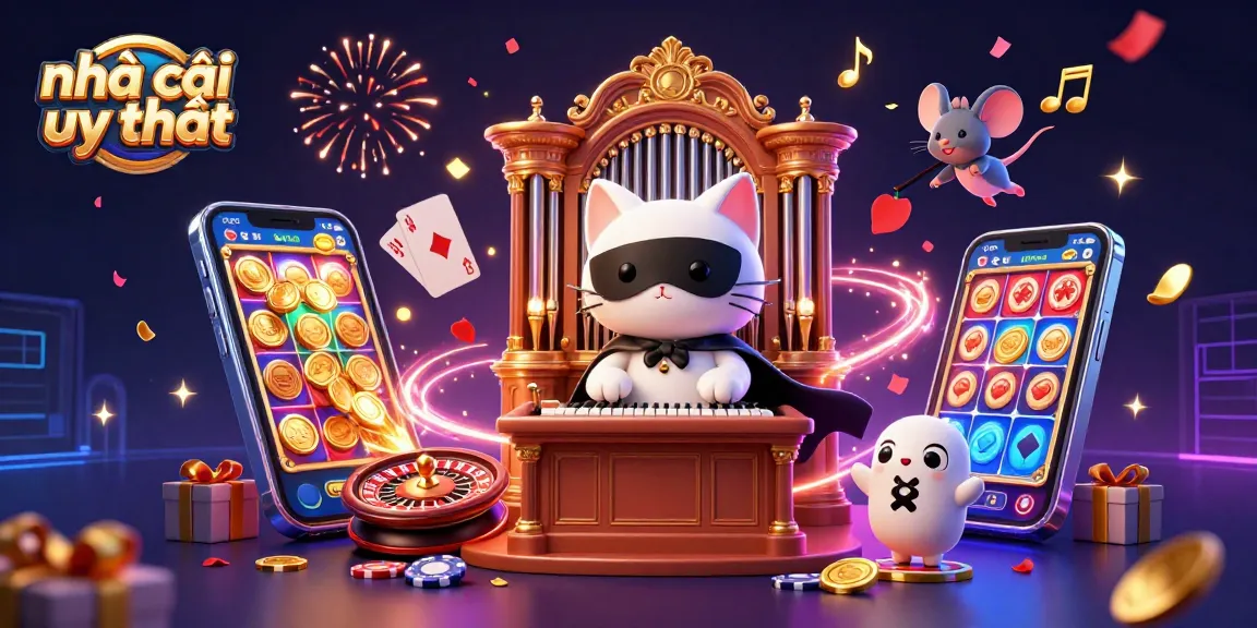 Engage with the vibrant world of nhà cái uy tín featuring a whimsical scene of a phantom cat and acrobatic mouse in a lively casino atmosphere.