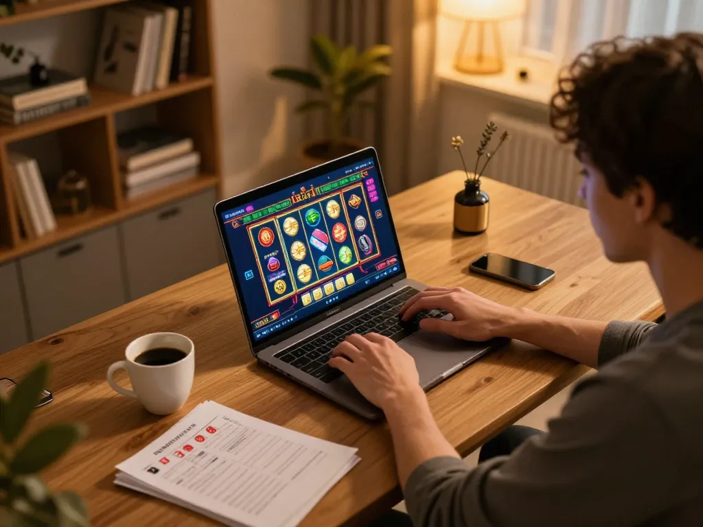 Player enjoying online gambling on their laptop at home, exploring xo88.fam game strategies with coffee.
