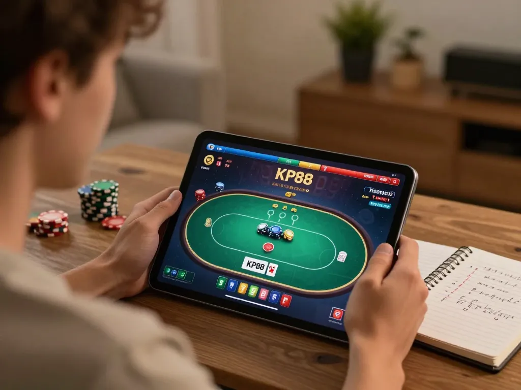 Engaging player strategizing for KP88 poker game on tablet, showcasing responsible gaming atmosphere