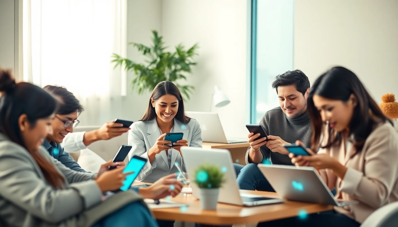 快连官网 offers seamless connectivity in a modern workspace with diverse users on devices.