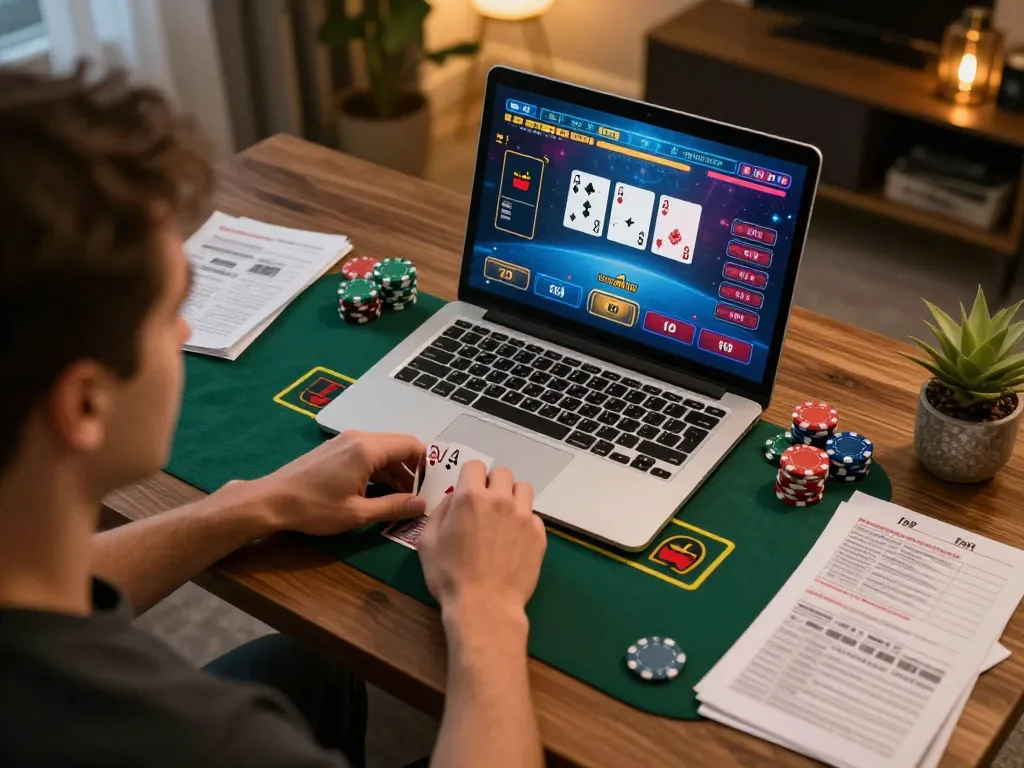 Player exploring blackjack game on 13win.com with strategic notes at cozy home setup