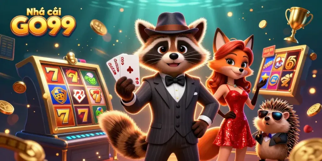 Win big with Nhà cái GO99's exciting games, featuring dynamic slot reels and charming characters.