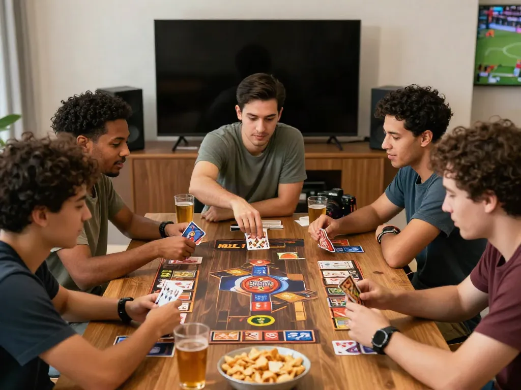 Friends enjoying a card game with the NBET logo in a cozy gaming area.