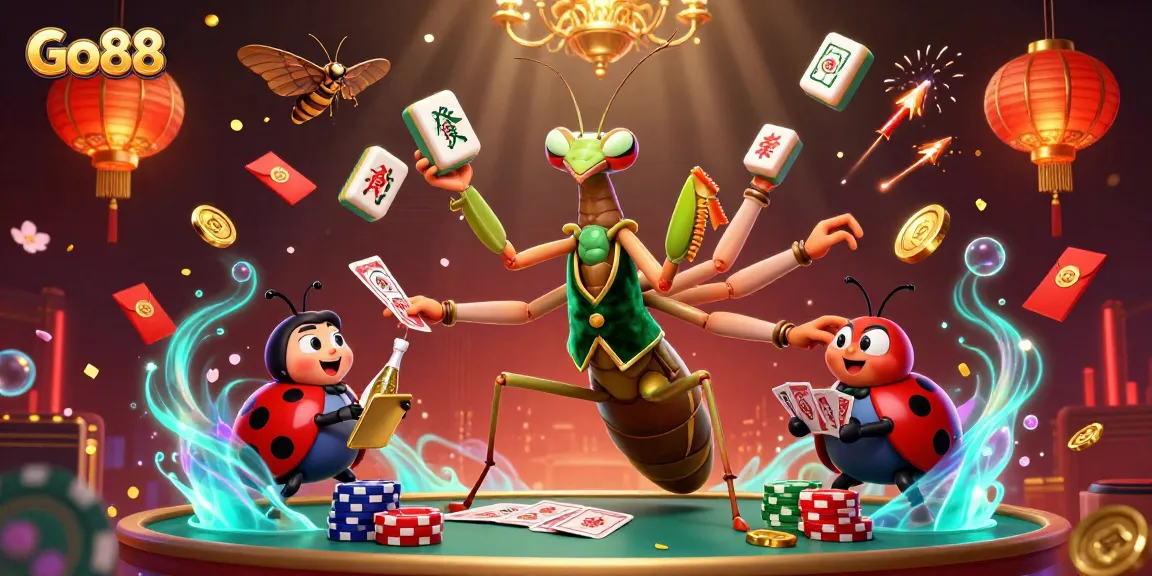 Engage in thrilling gameplay at Go88 with a lively casino scene featuring unique characters and vibrant elements.