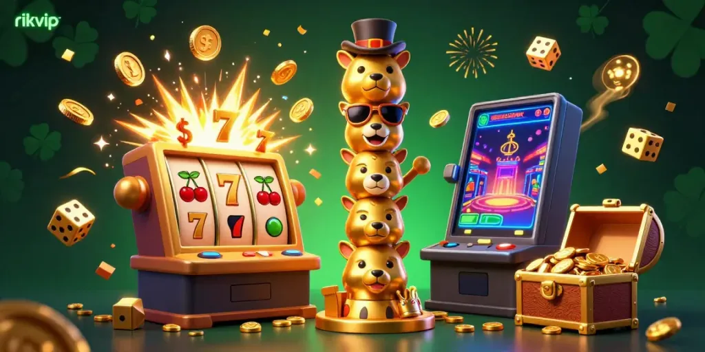 Experience the thrill of rikvip with a 3D illustration capturing a vibrant casino scene filled with jackpots, gaming symbols, and winning moments.