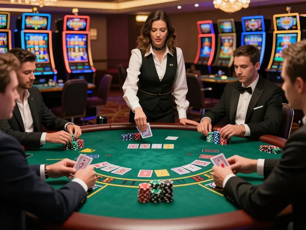 Engaged players at a blackjack table showcasing strategic gameplay at https://vk88.vc/ in an upscale casino.