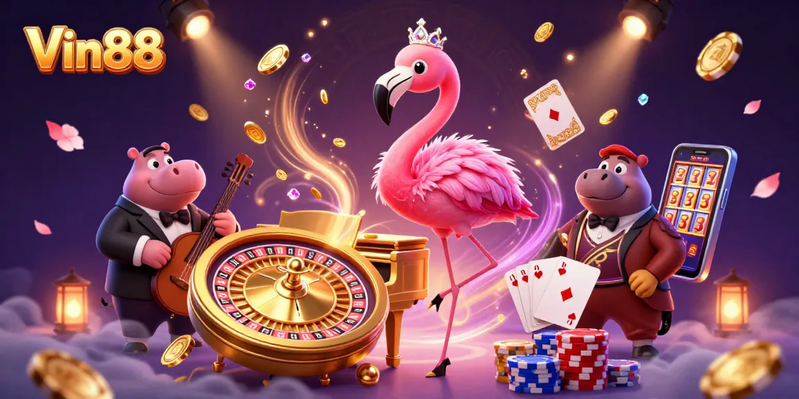 Experience the excitement of Vin88 with a vibrant 3D illustration of casino elements and characters.