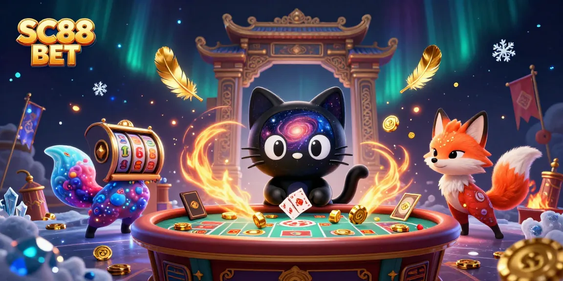 Win with SC88 BET in an exciting cosmic casino filled with golden chips and slot elements.