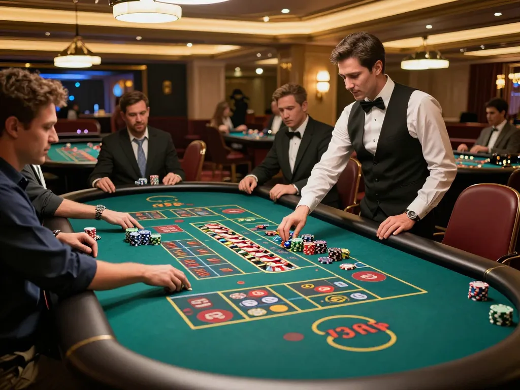 Experience the excitement at https://vb88.llc/ with players strategizing at a roulette table in a luxurious casino