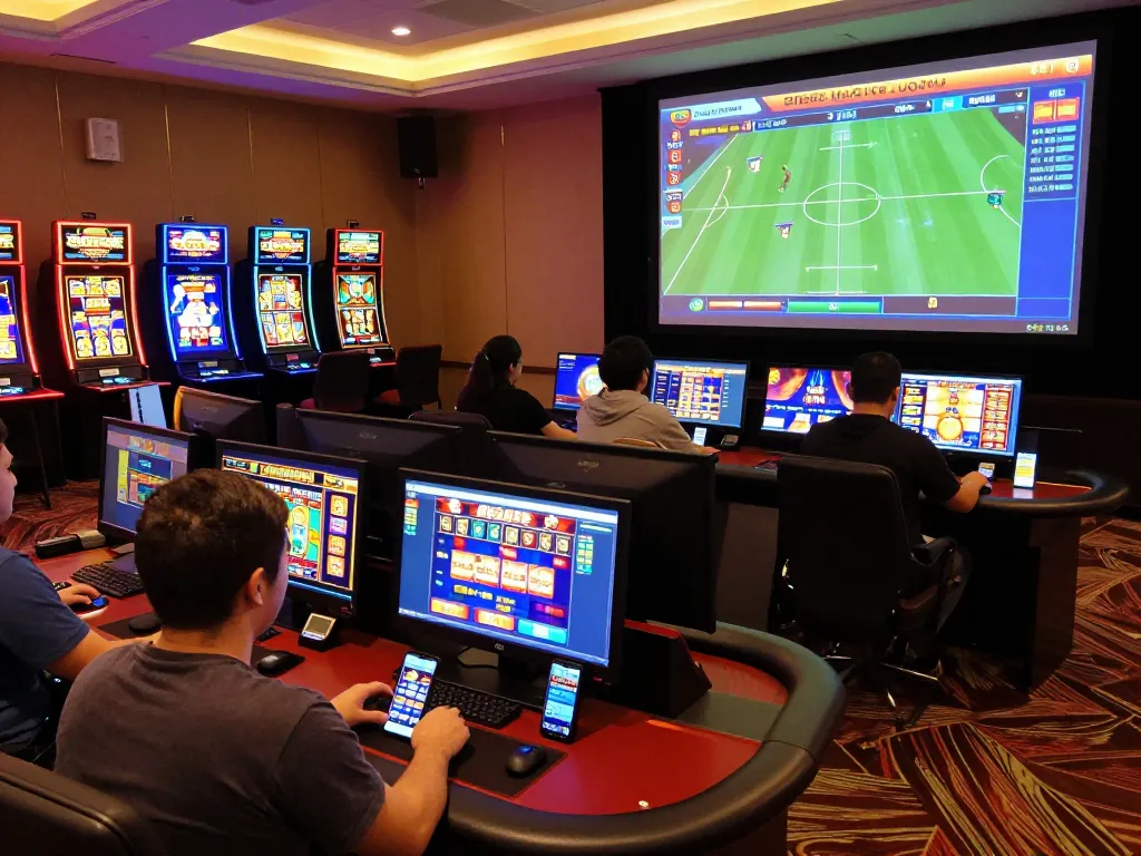 Players enjoying interactive games on Vuabet88 online casino platform, highlighting vibrant slot machines and live gaming experiences.