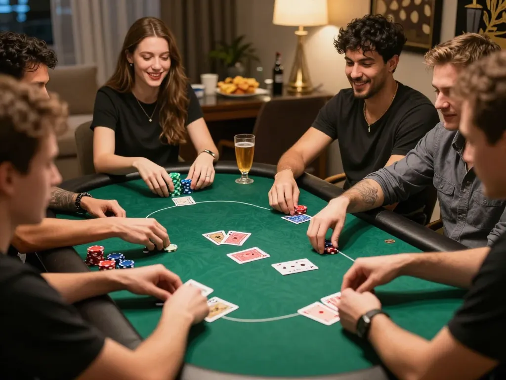 Players enjoying a lively poker game at home, showcasing effective strategies and social interaction while engaging in responsible gambling with 88VV.