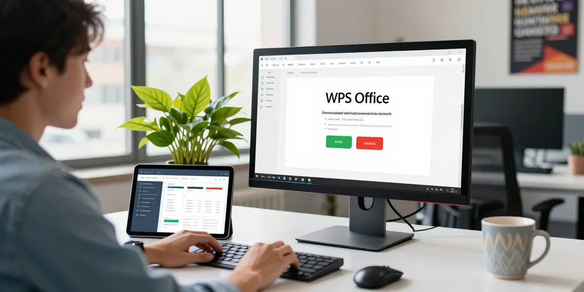 WPS Download in a modern digital workspace, showing a professional downloading WPS Office software on a sleek monitor.