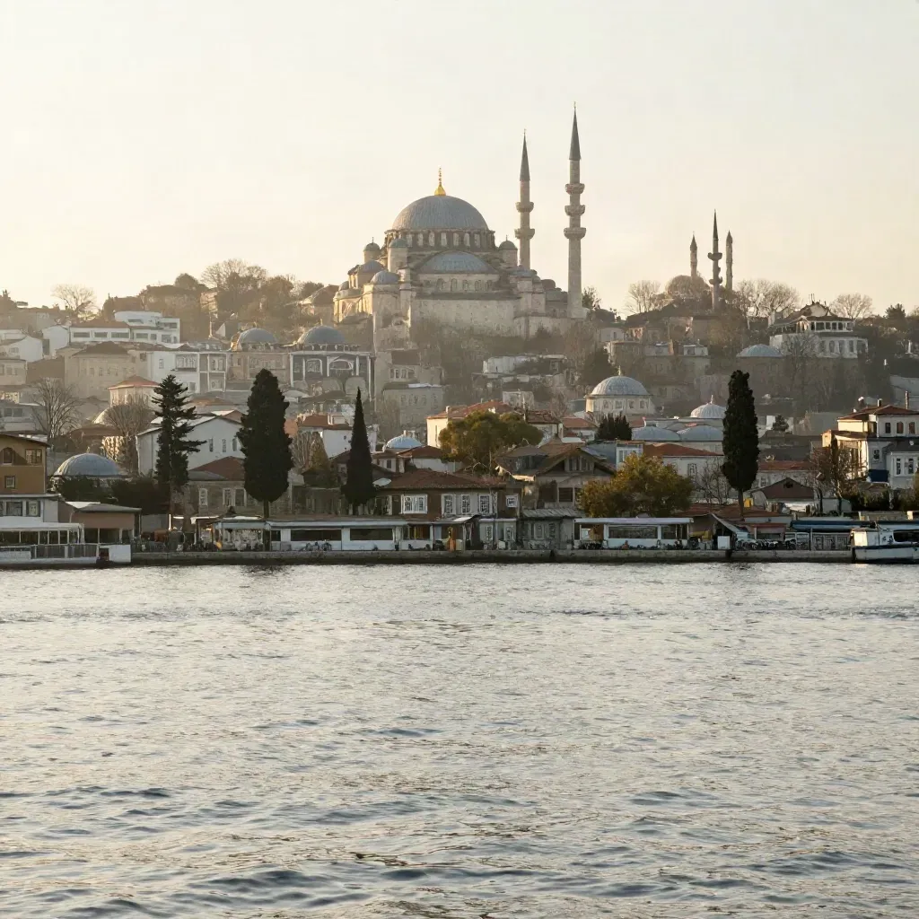 Altın saatta sisli Boğaz kıyısı ve yüksek tutulan tarihi İstanbul silüeti.