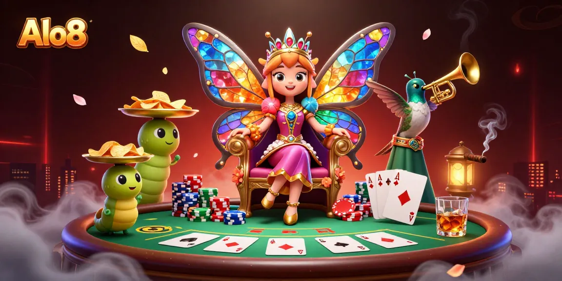 Alo8 players enjoying poker action in a vibrant 3D illustration with butterfly queen and lively elements.