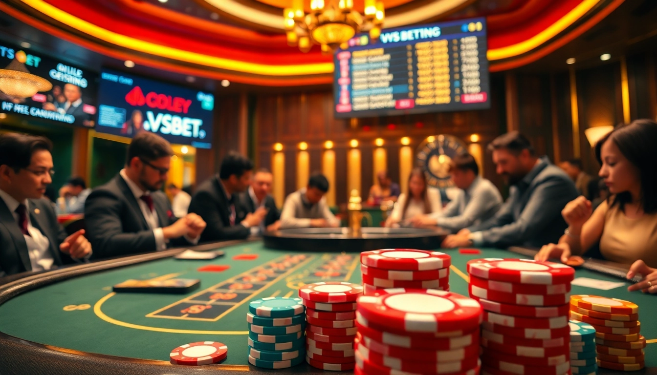 VSBET casino scene showcasing a thrilling poker game with vibrant chips and a glowing roulette wheel.