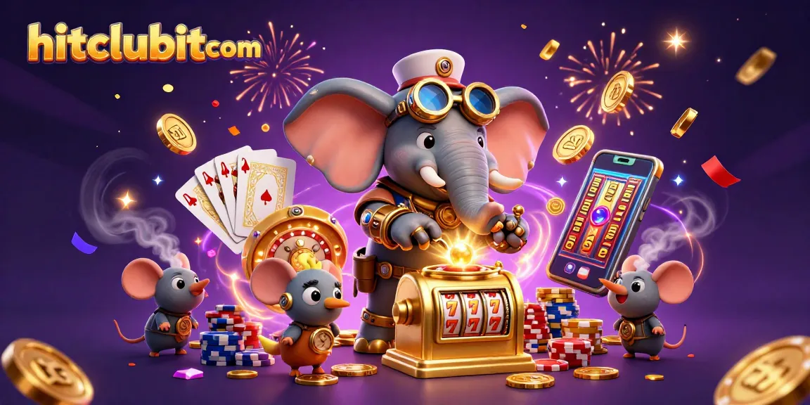 Hitclubitcom showcases a steampunk elephant engineer at a vibrant casino with golden slot machines and festive elements.