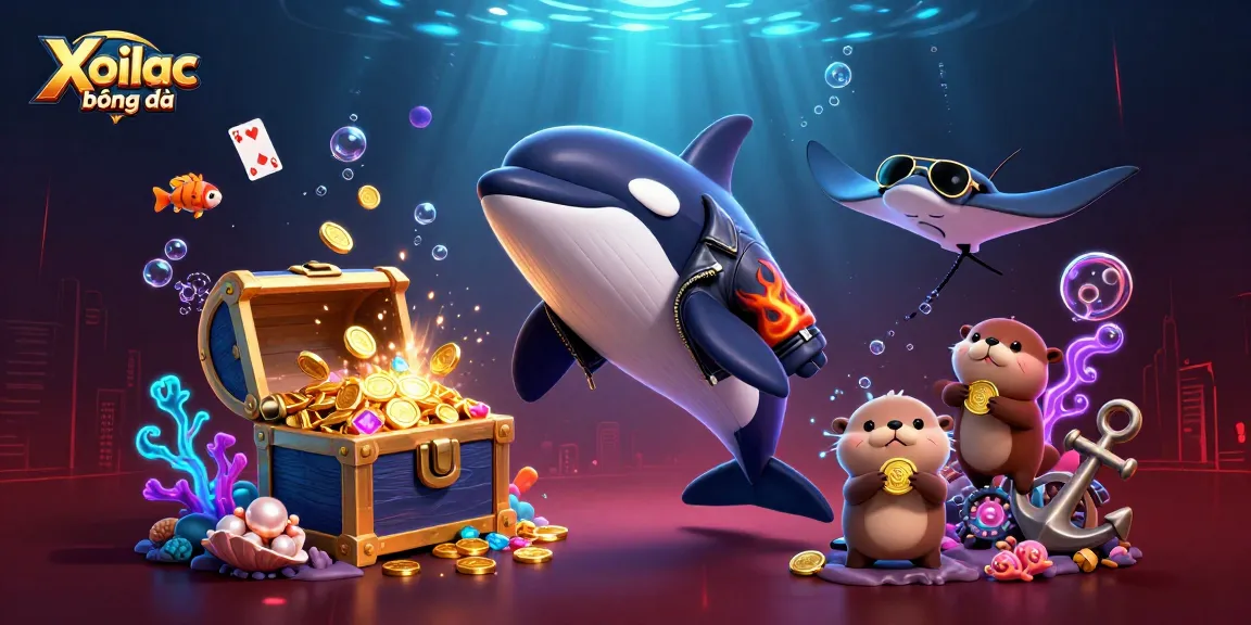 Xoilac bóng đá features a dynamic underwater scene with an orca, stingray, and sea otters showcasing vibrant casino-themed elements.