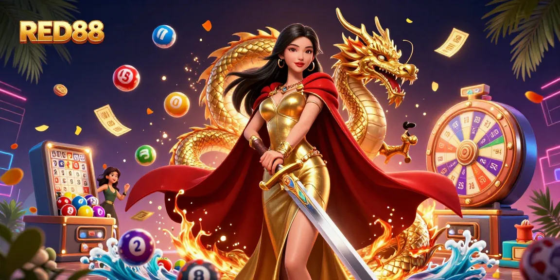 Experience the vibrant world of RED88 with exciting lottery balls, a golden dragon, and thrilling gambling elements.