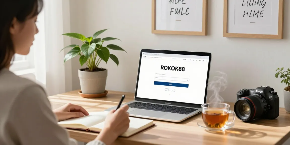 Person exploring rokok88 login on a laptop in a serene home office, surrounded by plants and inspirational decor, promoting wellness.