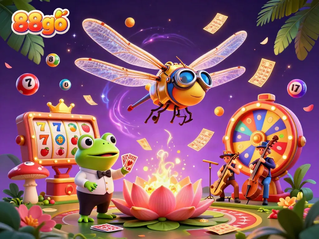 Experience the excitement of 88go with a vibrant and dynamic casino scene featuring a dragonfly pilot and a frog croupier.