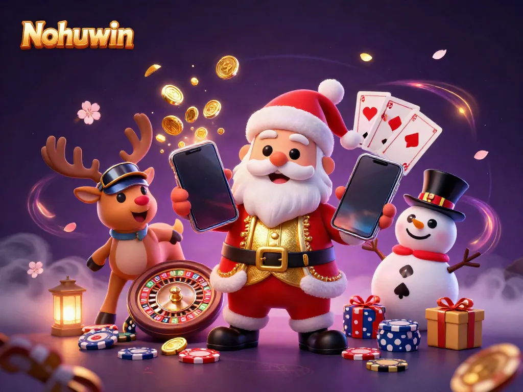 Nohuwin slots experience featuring Santa Claus, a reindeer dealer, and a poker chip snowman.