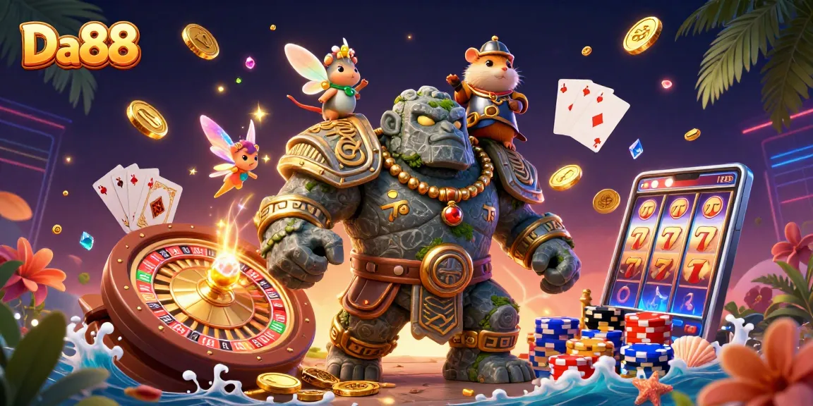 Experience thrilling wins with Da88 in this vibrant casino fantasy illustration.