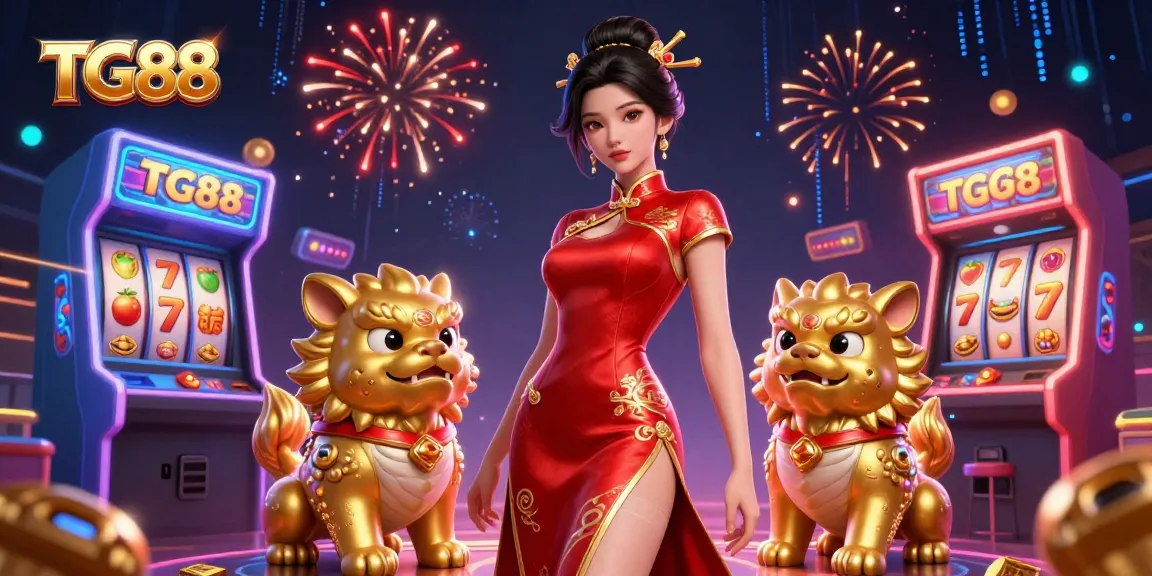 Bet on slots in TG88's vibrant gaming environment filled with fireworks and arcade delights!