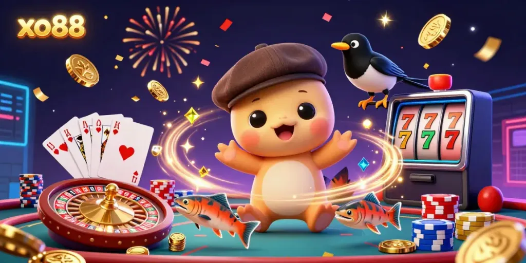 Experience the thrilling energy of the xo88 casino scene with Nessie and friends, surrounded by dynamic gaming elements.