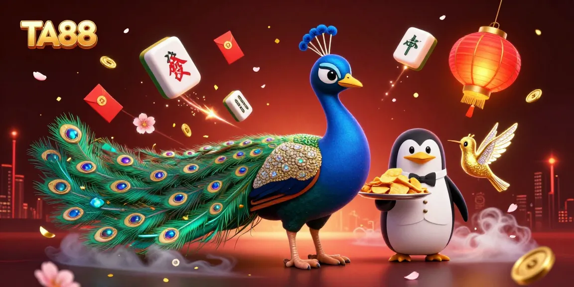 TA88 brings excitement with a peacock and butler penguin in a vibrant casino scene.
