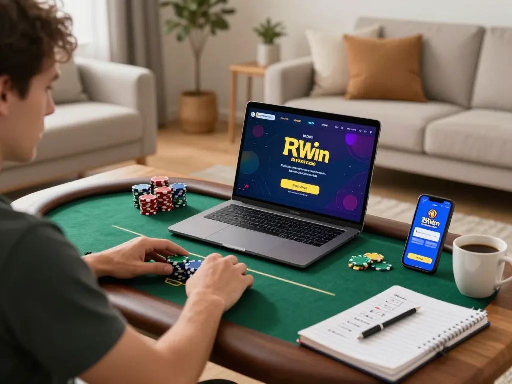 Immerse in online gambling with a focused player using the 33win app on their laptop in a cozy living room setting.